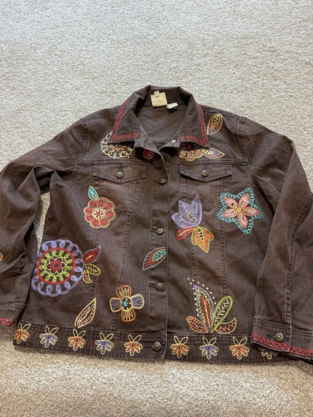 Diane Gilman DG2 Brown Floral Embroidered Button Up Denim Jacket Size XL Vintage